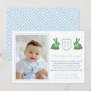 Preppy Rabbit Boy Christening 1st Birthday Party Thank You Card