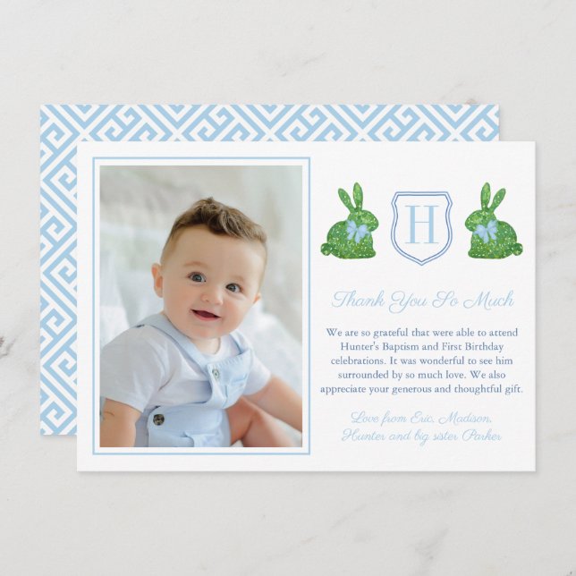 Preppy Rabbit Boy Christening 1st Birthday Party Thank You Card (Front/Back)