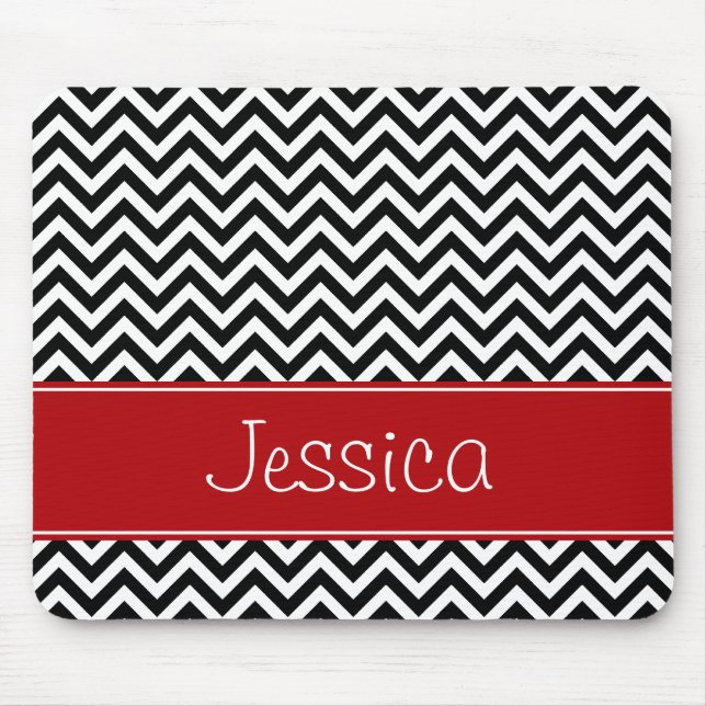 Preppy Red and Black Chevron Zigzag Personalised Mouse Mat (Front)