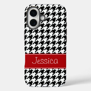 Preppy Red and Black Houndstooth Personalised iPhone 16 Case