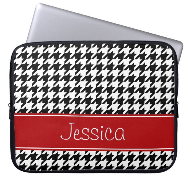 Preppy Red and Black Houndstooth Personalised Laptop Sleeve (Front)