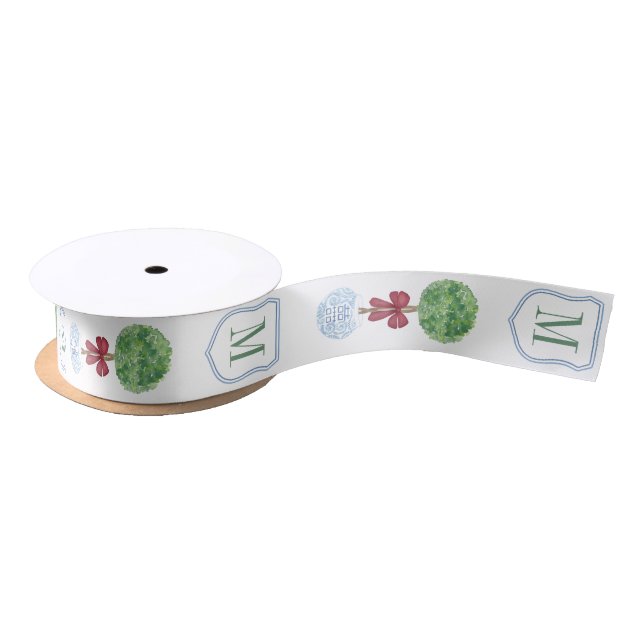 Preppy Red And Green Monogram Boxwood Christmas Satin Ribbon (Spool)