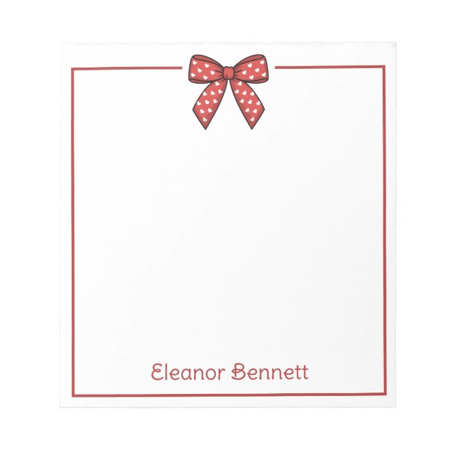 Preppy Red and White Heart Bow Personalised Notepad (Front)