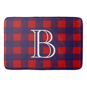 Preppy Red & Blue Buffalo Check Plaid   Monogram Bath Mat