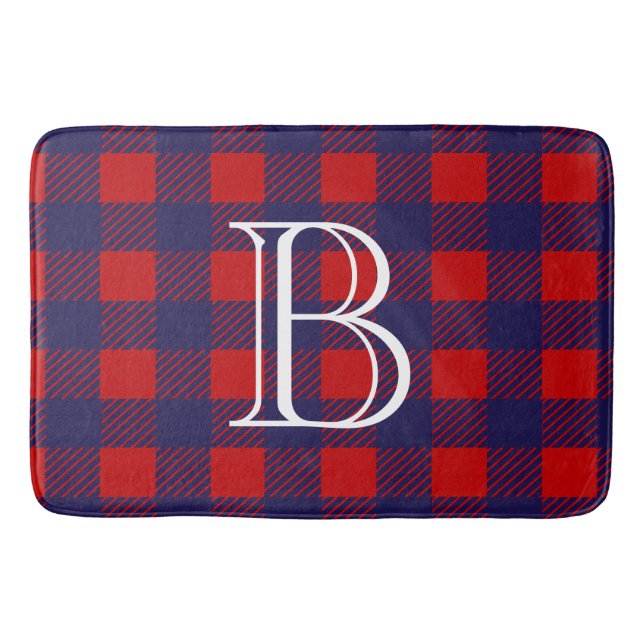 Preppy Red & Blue Buffalo Check Plaid | Monogram Bath Mat (Front)