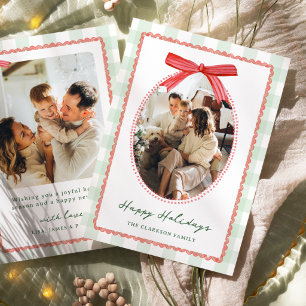 Preppy Red & Green Whimsical Bow Holiday Card