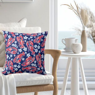 Preppy Red Lobster White Flower Navy Cushion