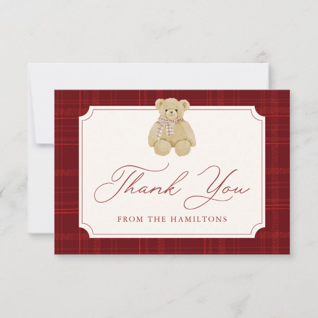 Preppy Red Plaid Teddy Bear Baby Shower Thank You Card (Front)