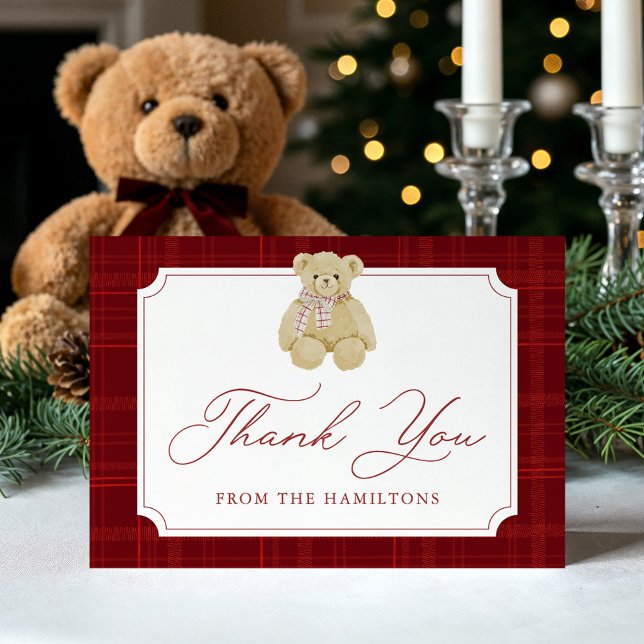 Preppy Red Plaid Teddy Bear Baby Shower Thank You Card (Creator Uploaded)