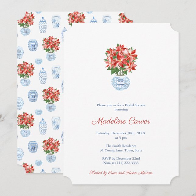 Preppy Red Poinsettia Holidays Bridal Shower Party Invitation (Front/Back)