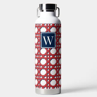 Preppy Red Rattan Cane Lattice Monogram Water Bottle