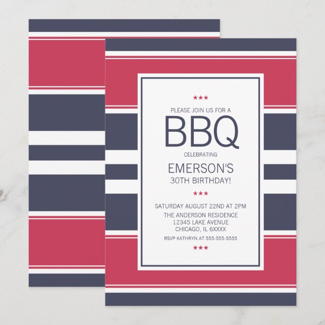 Preppy Red,White and Blue BBQ Birthday Invitation (Front/Back)