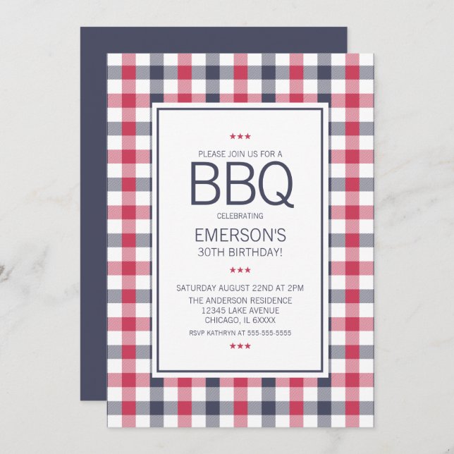 Preppy Red,White and Blue BBQ Birthday Invitation (Front/Back)