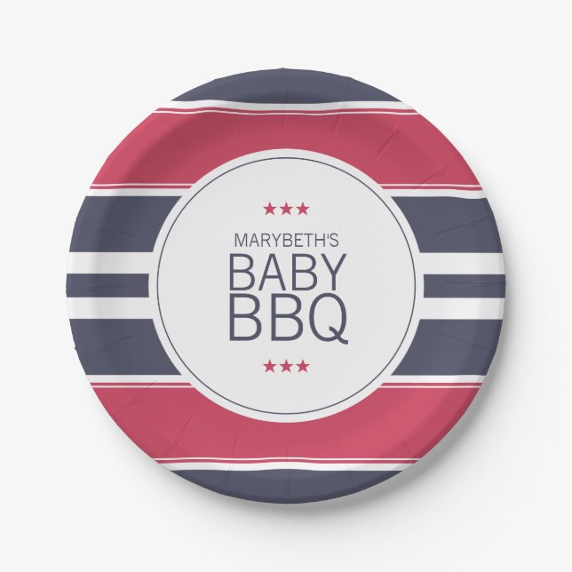 Preppy Red, White & Blue BBQ Baby Shower Plate (Front)