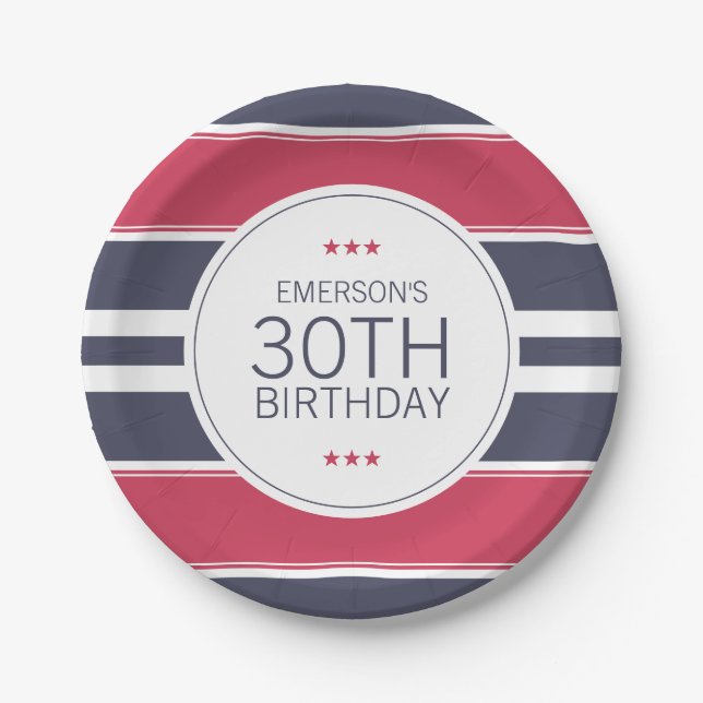 Preppy Red, White & Blue Birthday Paper Plate (Front)
