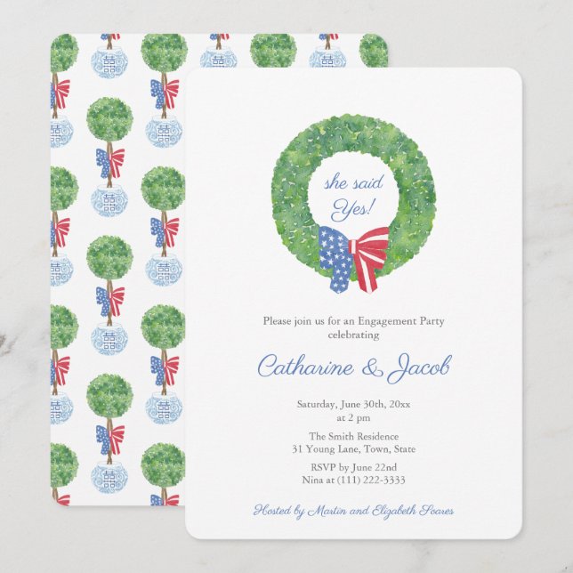 Preppy Red White Blue Outdoors Engagement Party Invitation (Front/Back)