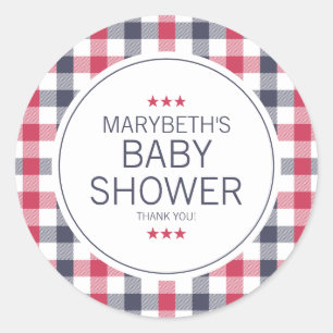 Preppy Red, White & Blue Plaid Baby Shower Classic Round Sticker