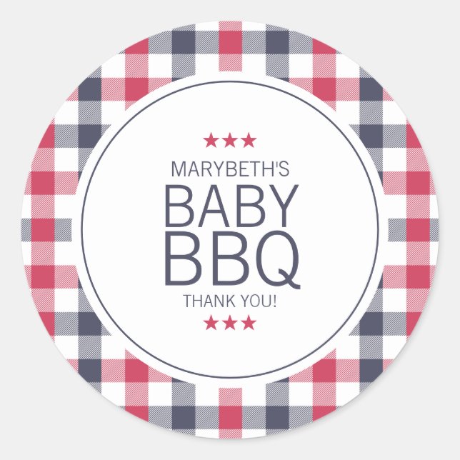 Preppy Red, White & Blue Plaid BBQ Baby Shower Classic Round Sticker (Front)