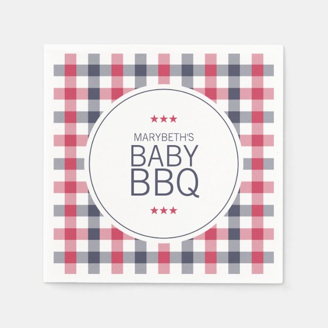 Preppy Red, White & Blue Plaid BBQ Baby Shower Napkin (Front)