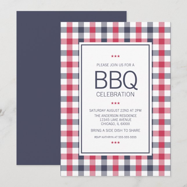 Preppy Red,White & Blue Plaid BBQ Party Invitation (Front/Back)
