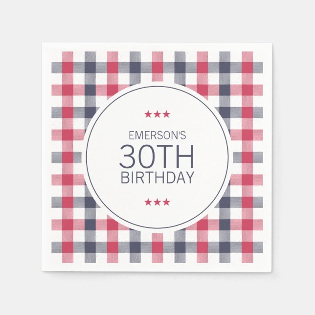 Preppy Red, White & Blue Plaid Birthday Napkin (Front)