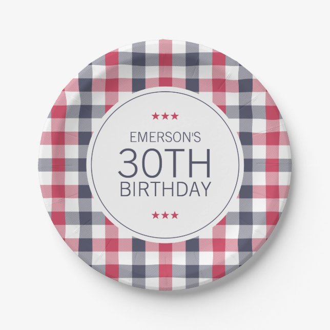 Preppy Red, White & Blue Plaid Birthday Paper Plate (Front)