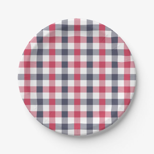 Preppy Red, White & Blue Plaid Paper Plate (Front)