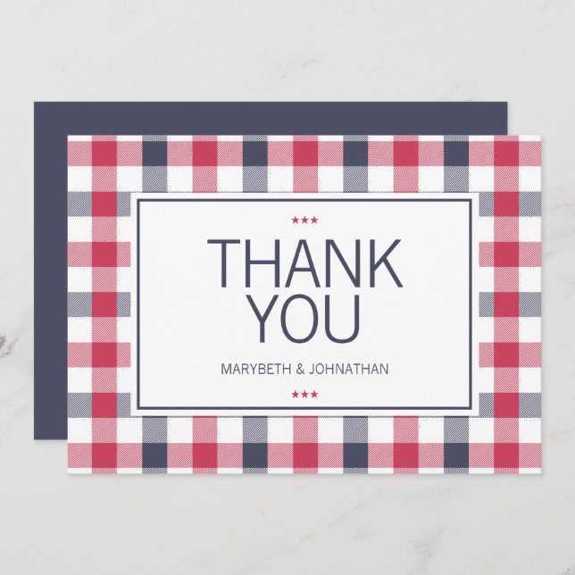Preppy Red, White & Blue Plaid Thank You Card (Front/Back)