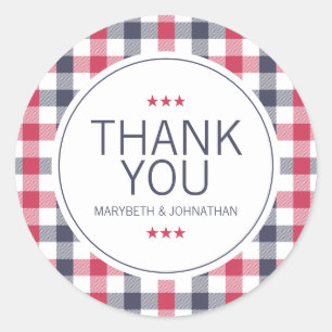 Preppy Red, White & Blue Plaid Thank You Classic Round Sticker