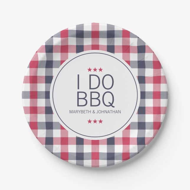 Preppy Red,White & Blue Plaid Wedding Shower Paper Plate (Front)