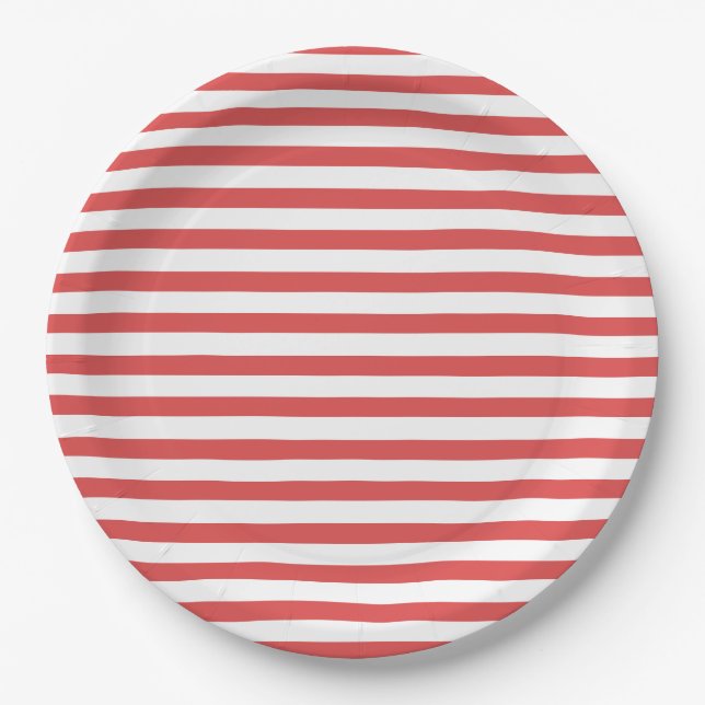 Preppy Red & white Stripes Paper Plate (Front)