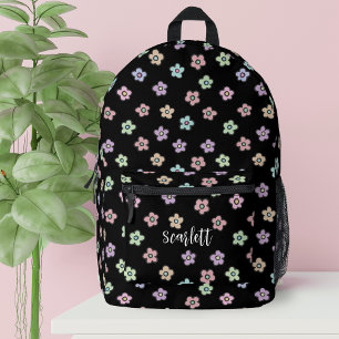 Preppy Retro Groovy Floral Black Monogram Printed Backpack