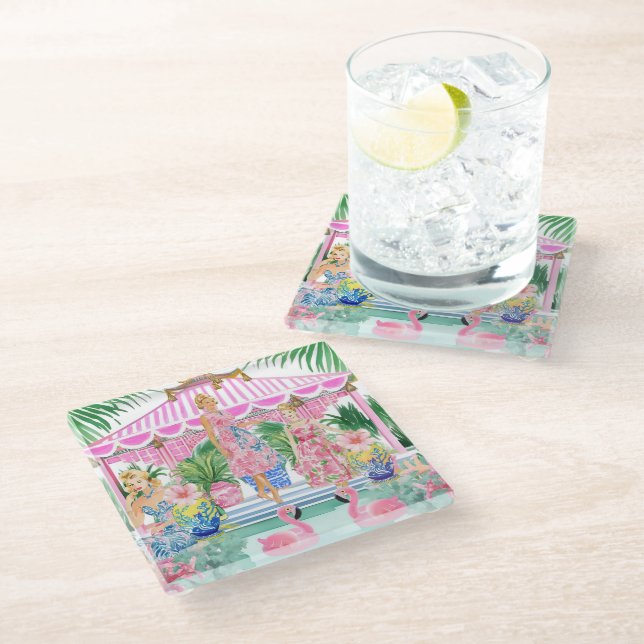 Preppy Retro Palm Beach Pool Party Glass Coaster (Angled)