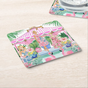Preppy Retro Palm Beach Pool Party Square Paper Coaster