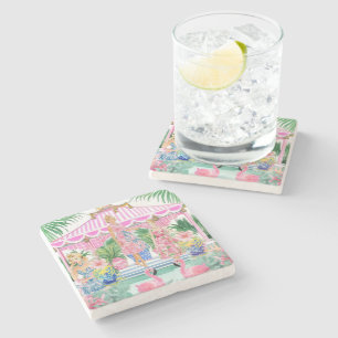 Preppy Retro Palm Beach Pool Party Stone Coaster