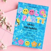 Preppy Retro Y2K Pool Party Happy Face Birthday