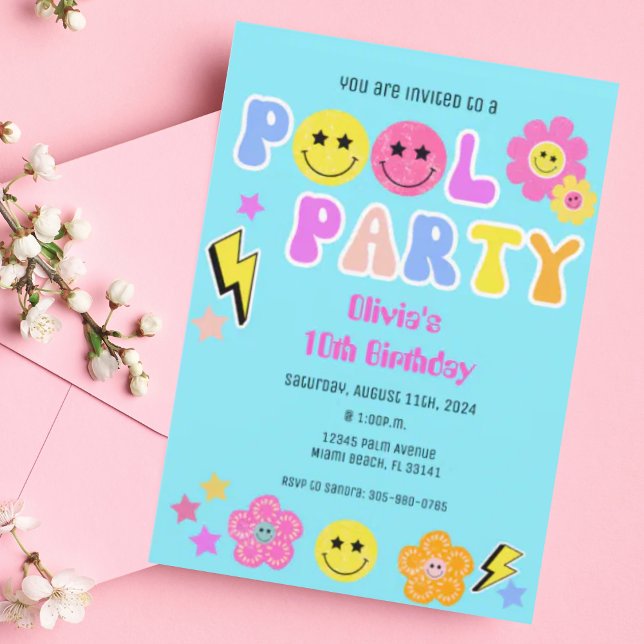 Preppy Retro Y2K Pool Party Happy Face Birthday Invitation (Creator Uploaded)