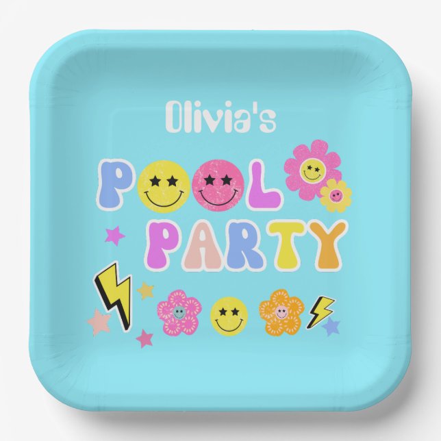 Preppy Retro Y2K Pool Party Happy Face Birthday Paper Plate (Front)