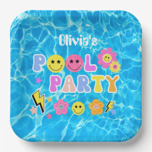 Preppy Retro Y2K Pool Party Smiley Birthday Paper Plate