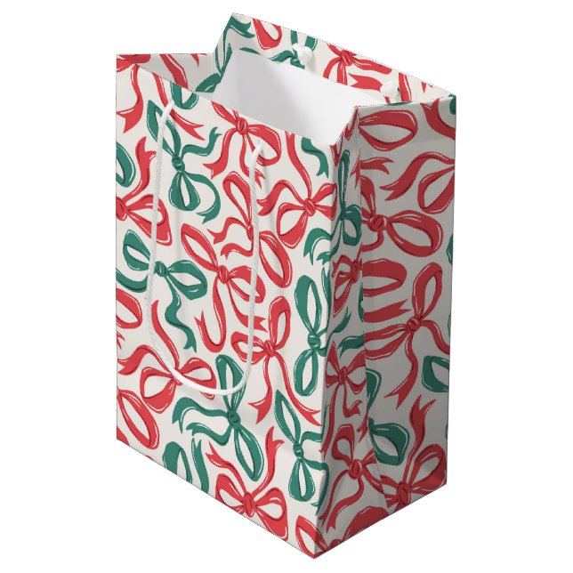 Preppy Ribbon Bows Christmas Red Green Medium Gift Bag (Front Angled)