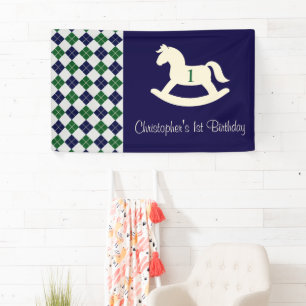 Preppy Rocking Horse Argyle 1st Birthday Banner