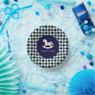 Preppy Rocking Horse Argyle 1st Birthday Paper Plate