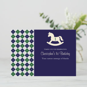 Preppy Rocking Horse Argyle 1st Birthday Thank You Card
