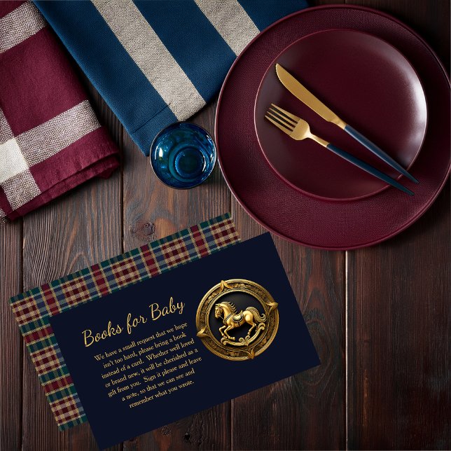 Preppy Rocking Horse Blue Books for Baby Enclosure Card (Charming Classic Preppy Equestrian Gold Tone Rocking Horse Plaid Boy Baby Shower Books for Baby Card)