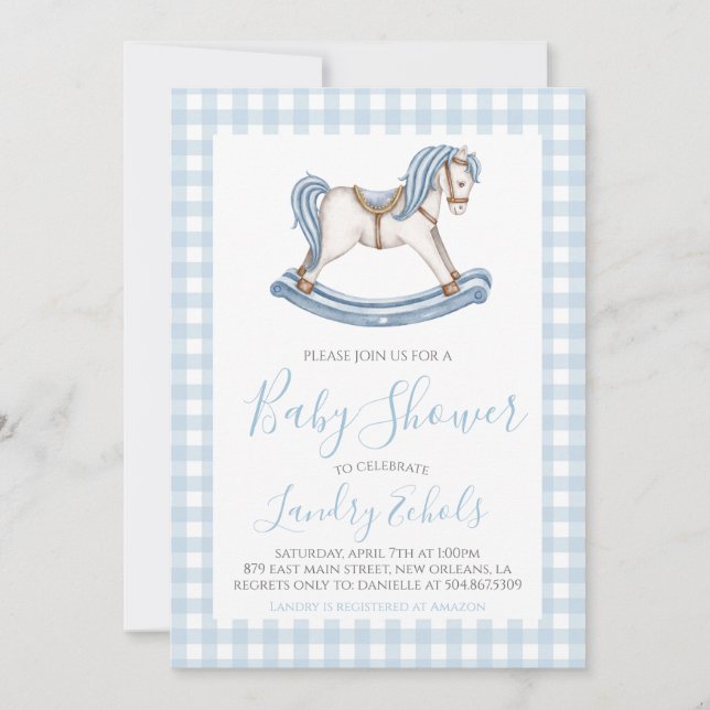 Preppy Rocking Horse Blue Boy Baby Shower Invitation (Front)