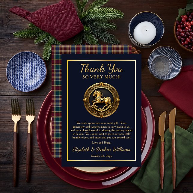 Preppy Rocking Horse Blue Flat Thank You Card (Charming Classic Preppy Equestrian Gold Rocking Horse | Plaid Boy Baby Shower Thank You Flat Card)