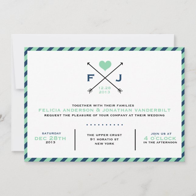 Preppy Romance Wedding Invitation - Navy Mint (Front)