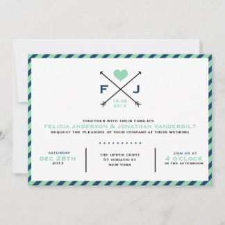 Preppy Romance Wedding Invitation - Navy Mint