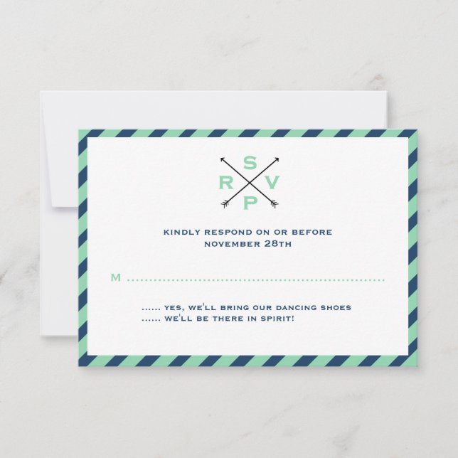 Preppy Romance Wedding RSVP - Navy Mint Card (Front)