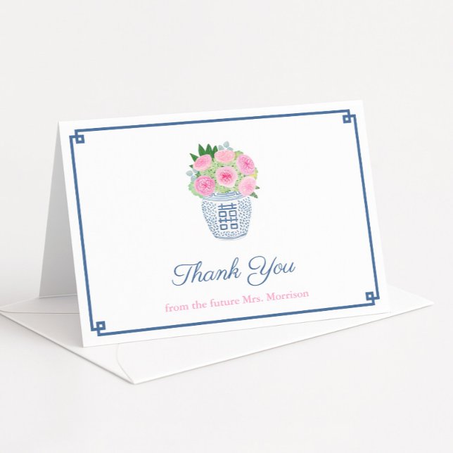 Preppy Roses Ginger Jar Bridal Shower Personalised Thank You Card (Chinoiserie chic pink and navy blue thank you card design with hot pink roses in ginger jar)